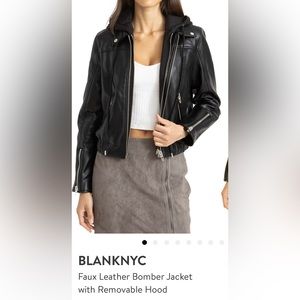 BLANKNYC faux leather bomber jacket with removable hood